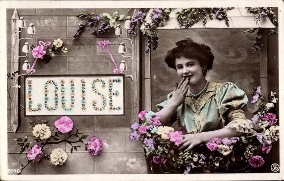 Letters Postcard First name Louise, woman at the window, telephone line