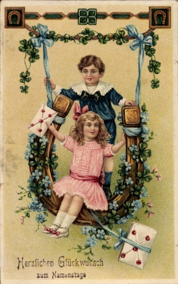 Embosser Postcard congratulations name day, girl on a swing, horseshoe, lucky clover