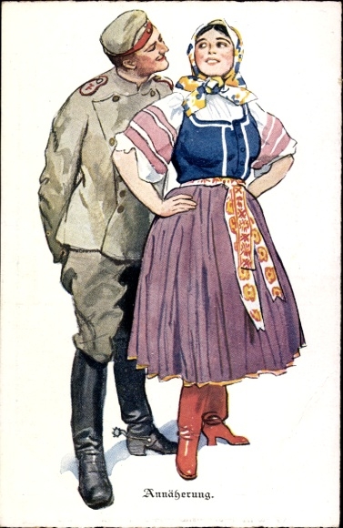 Artist Postcard Approach, Soldier flirts with peasant girl, WWI