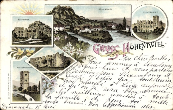 Lithograph of Singen Hohentwiel, Baden-Württemberg: monastery church, observation tower, ruins