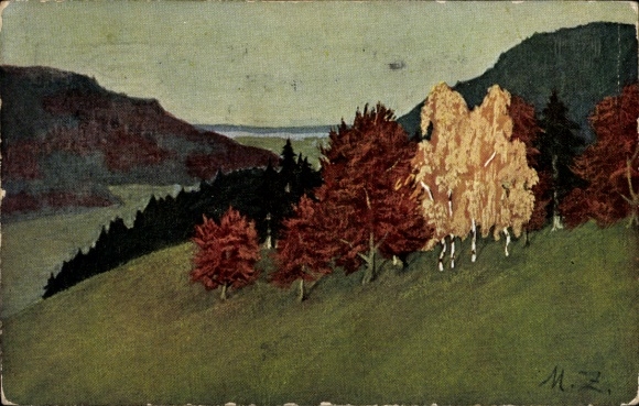 Artist Postcard MZ, landscape motif, trees with autumn leaves
