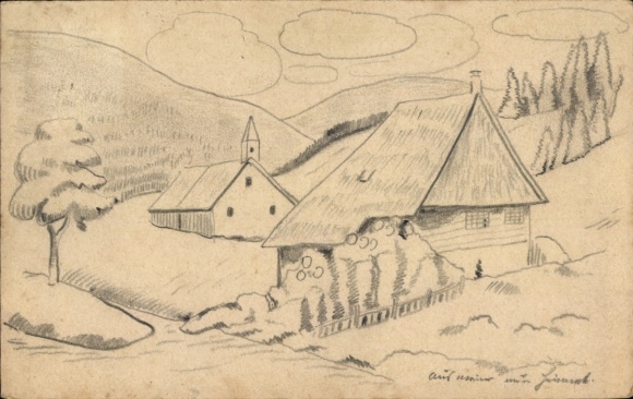 Hand-drawn sketch of Wehr in Baden, village scene
