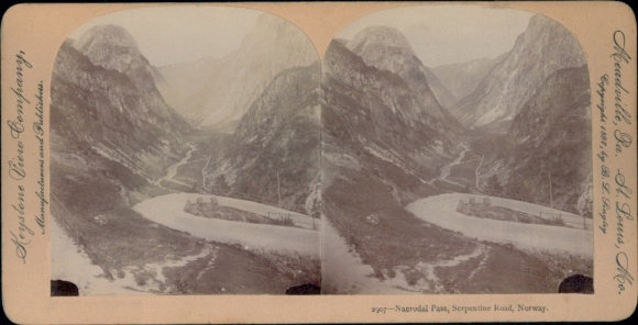 Stereo photo Norway, Naerodal Pass, serpentine road, Keystone View Company