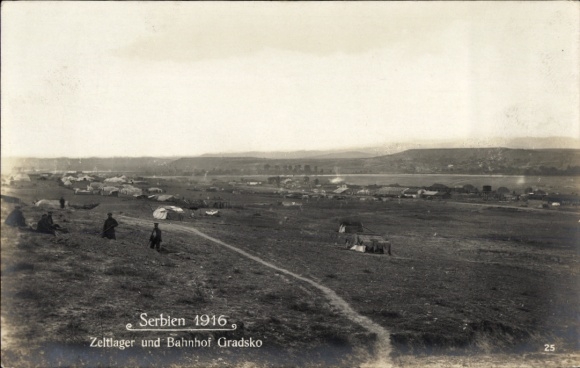 Postcard Gradsko Macedonia, tent camp and train station 1916