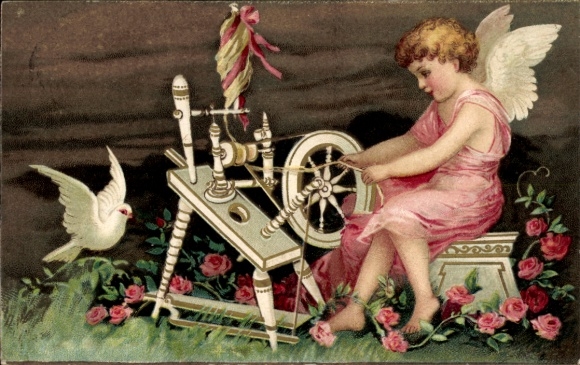 Coinage Postcard Angel at spinning wheel, roses, dove