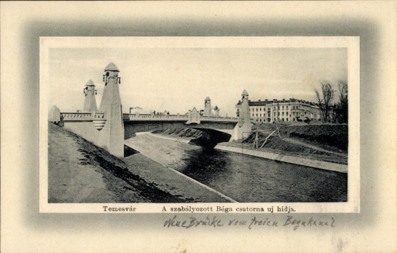 Postcard Timișoara Temesvár Temeswar Romania, bridge, river, Hungarian lettering, old