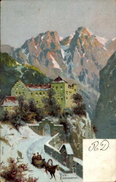 Artist Postcard Kämmerer, Rob, Winter sleigh ride in front of the castle