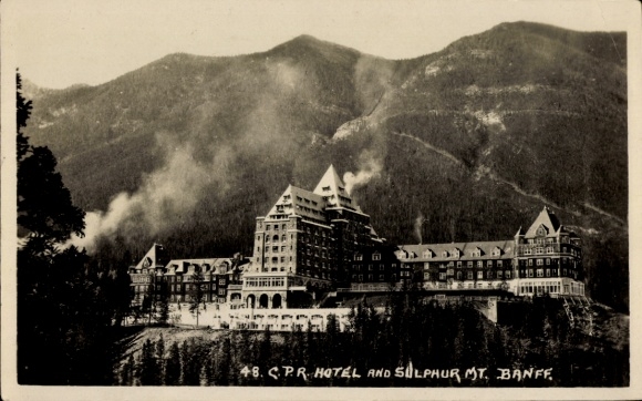 Postcard Banff Alberta Canada, CPR Hotel, Sulphur Mountain, mountains, black and white