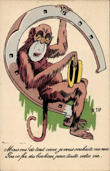 Artist Postcard Tip, W., Monkey sitting on a horseshoe, Porte Bonheur