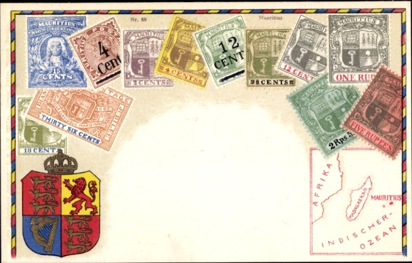 Stamps coat of arms Postcard Mauritius, Africa, Indian Ocean