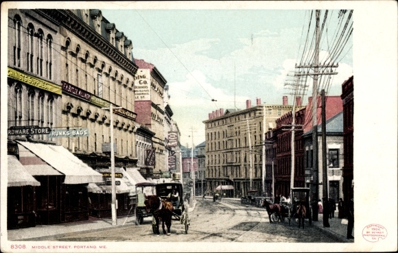 Postcard Portland Maine USA, Middle Street, Horse Carriage, Hardware Store, Suitcases