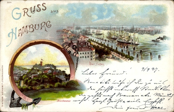 Lithograph Hamburg Altona Blankenese, Süllberg, harbor