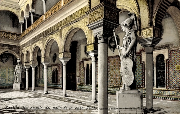 Postcard Barrio de Santa Cruz, Seville, Andalusia, courtyard, Casa Pilato, statues, tile pattern