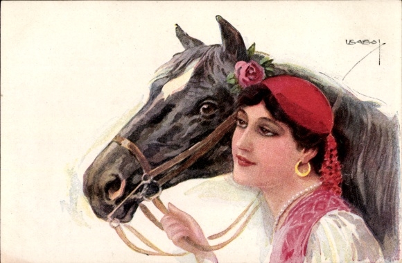 Artist Postcard Usabal, Luis, woman in traditional dress, horse