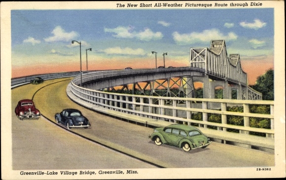 Postcard Greenville Missisipi USA, Greenville Lake city bridge