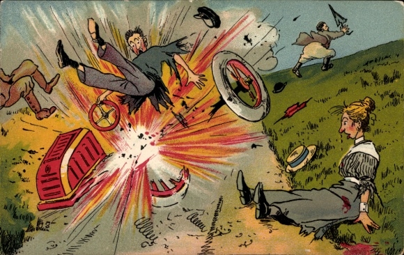 Artist Postcard traffic accident, car explodes
