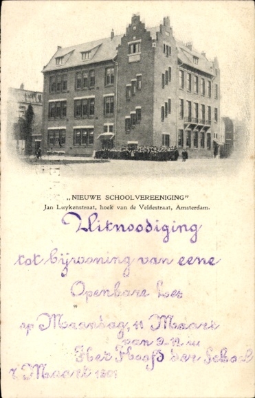 Postcard Amsterdam Nordholland Netherlands, New School Association, Jan-Luykenstraat, corner of Veldestraat