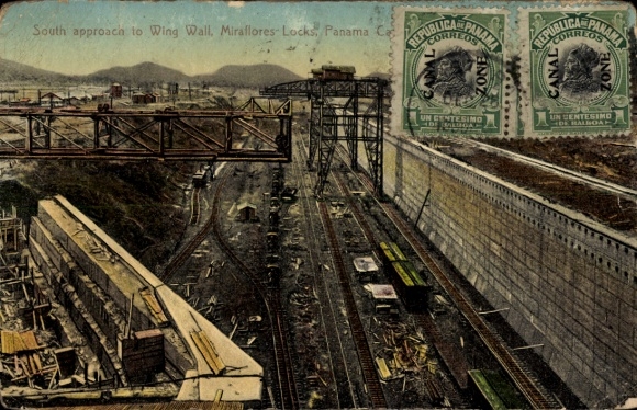 PC Esclusas de Miraflores Panama, south view of the Wing Wall, Miraflores Locks, postmark, z