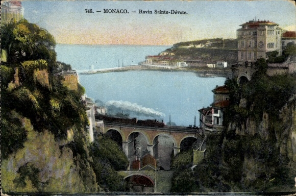 Postcard Monaco, Ravin Sainte-Dévote, coastal view, train on bridge