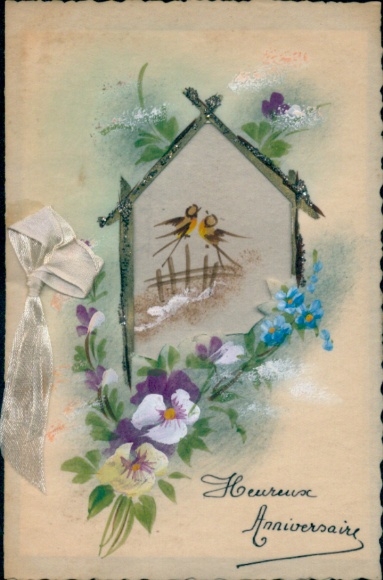 Glitter material, congratulations, flowers, birds, fabric bow