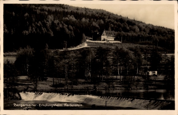 Postcard Hartenstein in the Ore Mountains Saxony, miners' rest home, weir