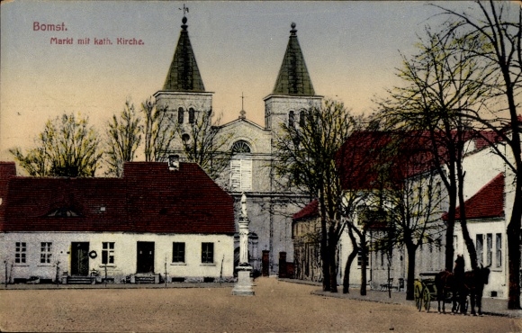 Postcard Babimost Bomst Posen, Market, Catholic Church