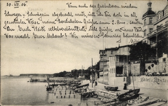 Sassnitz on Rügen, beach, boats on the water, Hotel Restaurant, from 1906