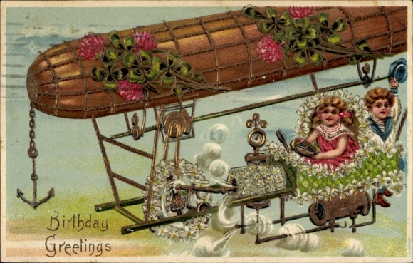 Embossed PC congratulations birthday, airship, zeppelin, children, flowers, lucky clover