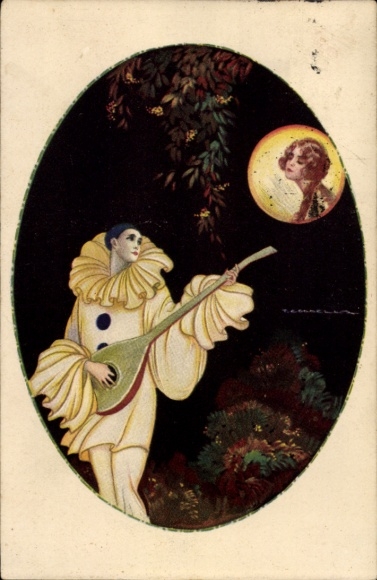 Artist Postcard Corbella, T., Pierrot with Mandolin