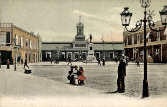 Postcard Callao Peru, Callao (Peru), Plaza Matriz, people, lanterns, clock tower