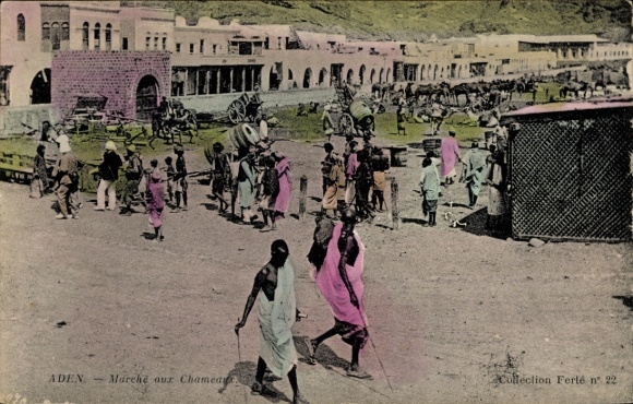 Postcard Aden Yemen, market with camels, people in traditional clothing, colorful scenery