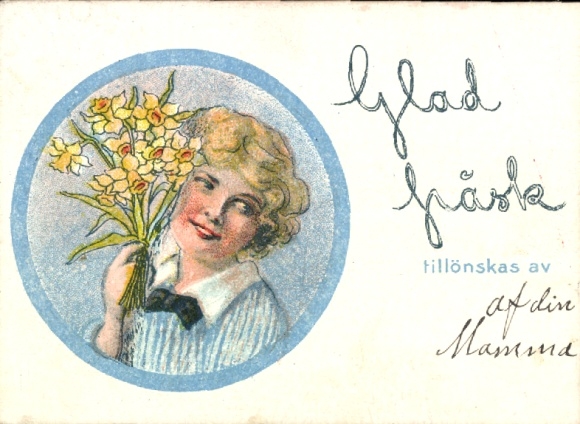 Artist Postcard Nyström, Jenny, Happy Easter, young woman with daffodils