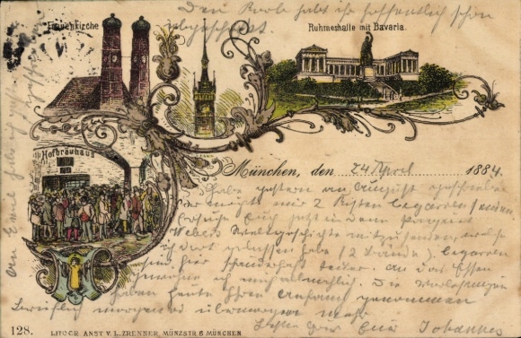 Precursor lithograph Munich, Frauenkirche, Ruhmhalle, Bavaria, Hofbräuhaus