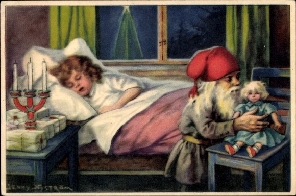 Artist Postcard Nyström, Jenny, Merry Christmas, Dwarf, Doll, Sleeping Child