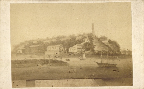 Photo painting Fuzhou China, Min River, pier and pagoda tower