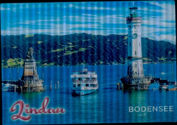 3D Postcard Lindau on Lake Constance, Swabia, harbor entrance with lion statue and lighthouse