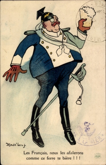 Artist Postcard Massebeuf, Les francais, nous les afalerons comme ce ferre te bière, German. Soldier,cartoon
