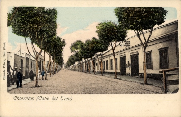 Postcard Chorrillos Peru, Calle del Tren, trees, street view, Eduardo Polack, Lima