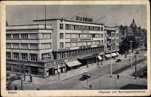 Postcard Szczecin Stettin Pomerania, UFA Palace and Reich Postal Directorate, Defaka