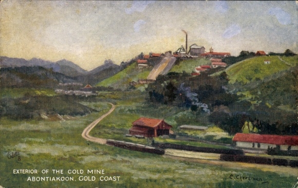 Artist Postcard Cheesman, E., Ghana, Gold Coast, Abontiakoon Gold Mine, exterior view