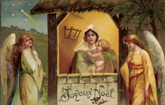 Lithograph Merry Christmas, Mary with Christ Child, Nativity scene, angels