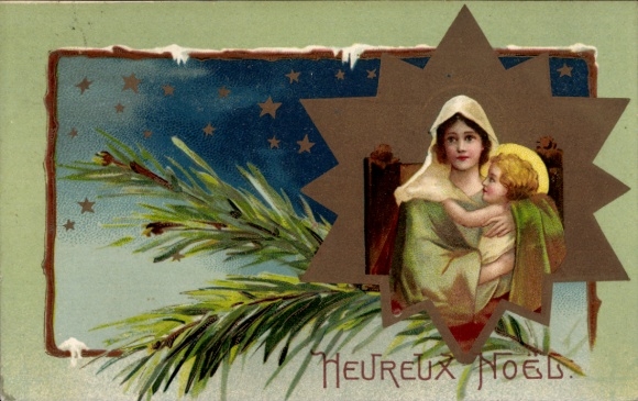 Lithograph Merry Christmas, Mary with Christ Child, star, fir branch
