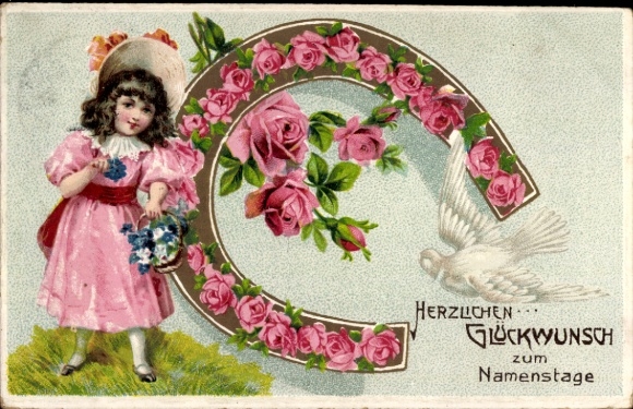 Embossed Passepartout Postcard Congratulations on your name day, roses, horseshoes, flower girl