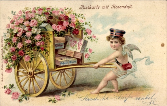 Postcard Engel as postman, handcart, packages, roses