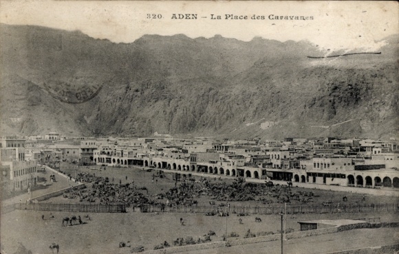 Postcard Aden Yemen, La Place des Caravanes, caravans, mountains, camels