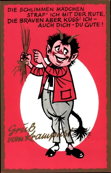 Artist Postcard Krampus, I punish the bad girls with a rod, but I kiss the good ones