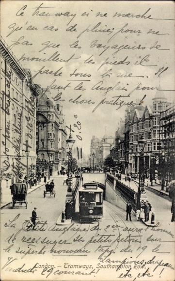 Postcard London City England, Southampton Row, trams