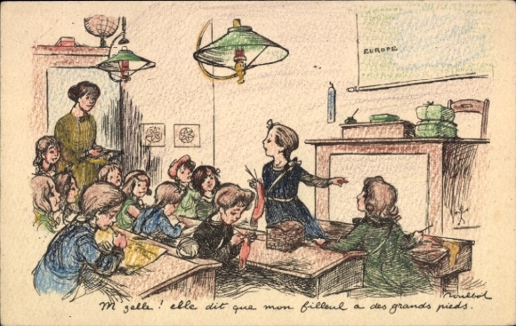 Artist Postcard Poulbot, In Class, Young Girl Knitting