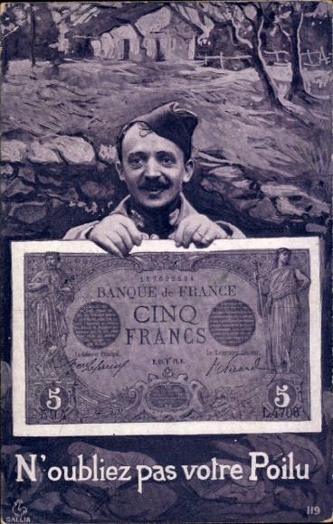 Postcard Don't forget your poil, French soldier with banknote, war bond