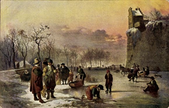 Artist Postcard Velde, M. van der, Happy New Year, Ice skating fun